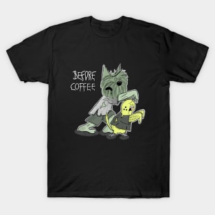 Before Coffee - Funny Zombie Scottie Dog and Budgie T-Shirt